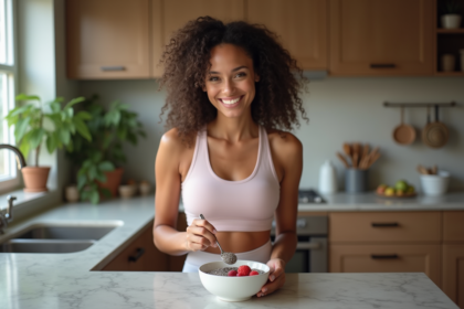 Femme souriante préparant un pudding chia dans la cuisine