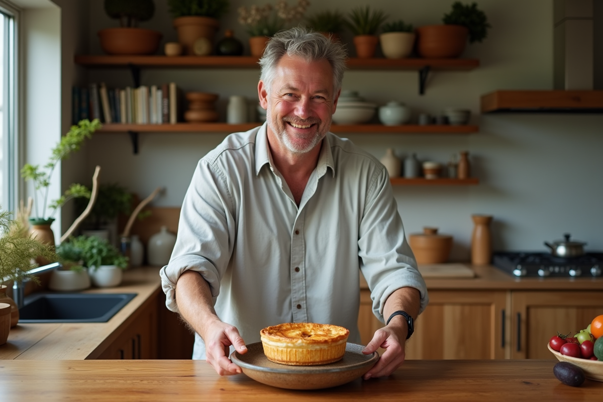 Homme australien souriant servant une tarte à la viande dans la cuisine