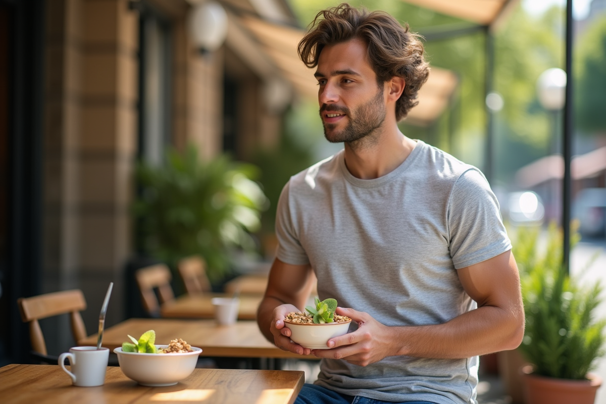Jeune homme dégustant un smoothie dans un café en plein air