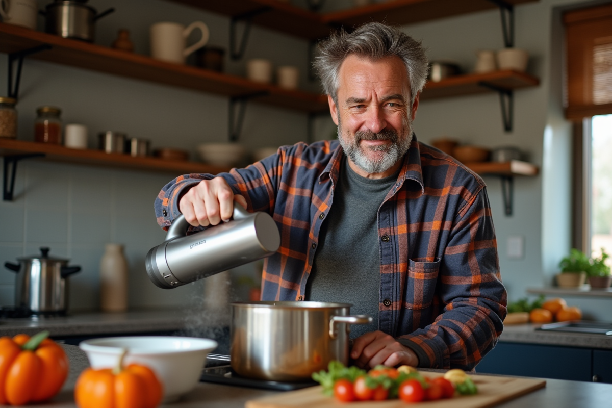 Homme versant de la soupe avec un mixeur plongeant dans la cuisine