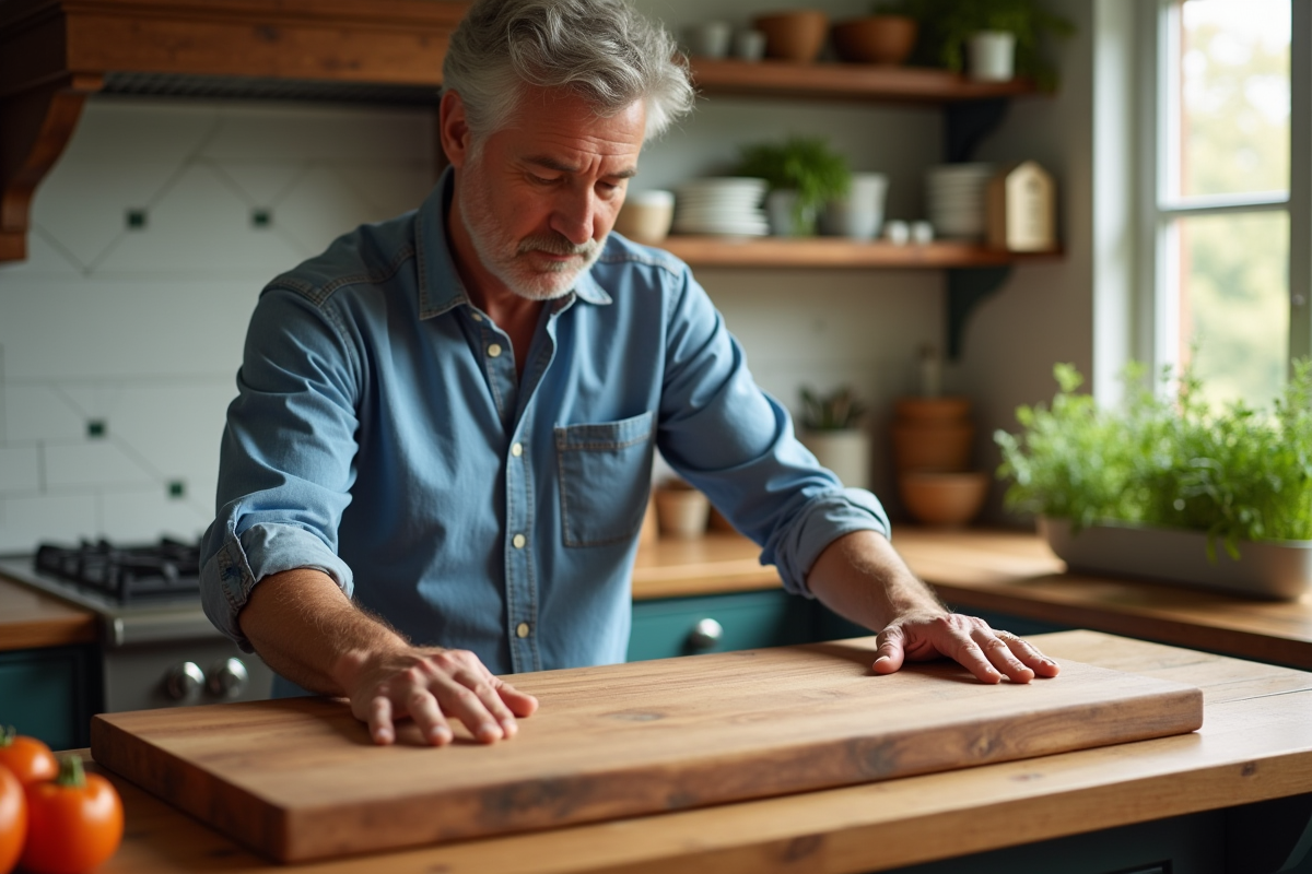 Homme vérifiant une planche en noyer sur un plan de travail