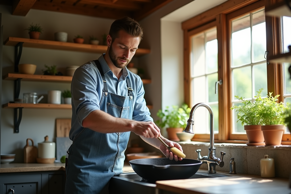 Homme lavant une poêle en fonte à l
