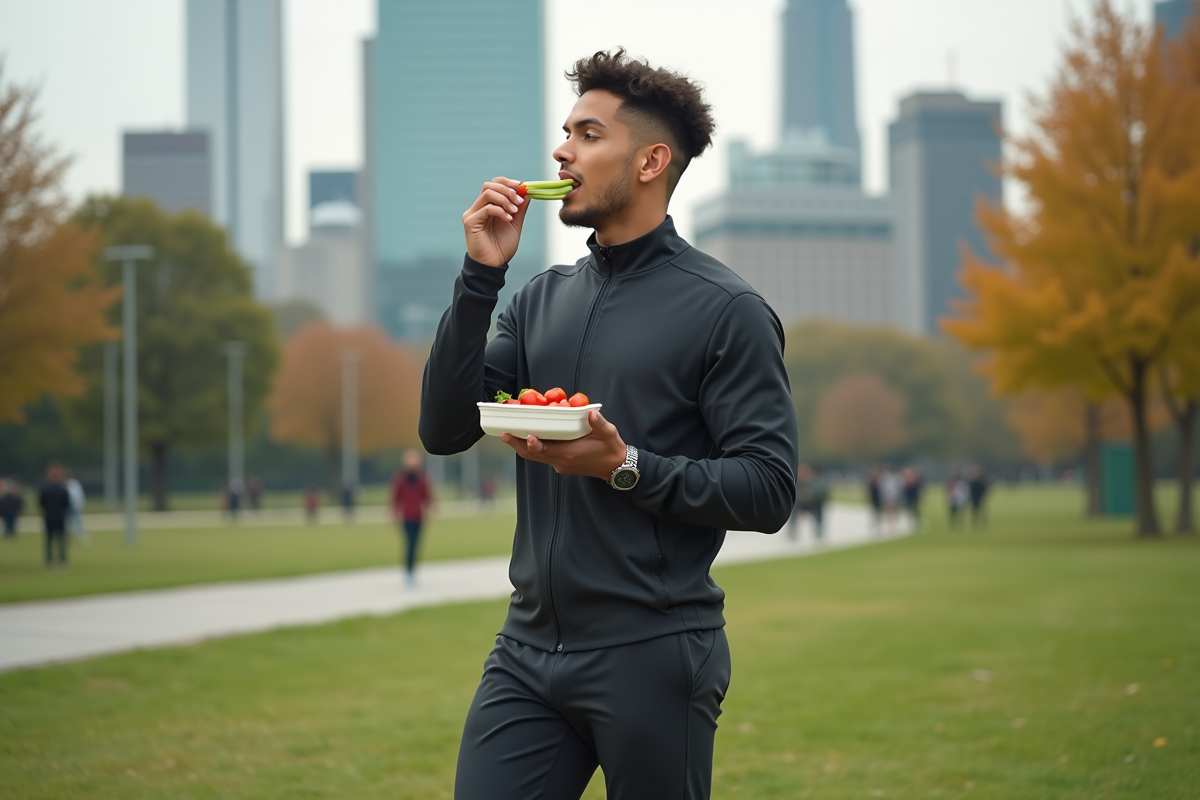 Jeune homme sportif mangeant des tomates dans un parc urbain