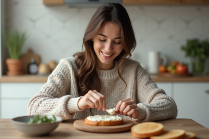 Jeune femme en pull tartinant du fromage frais dans une cuisine lumineuse