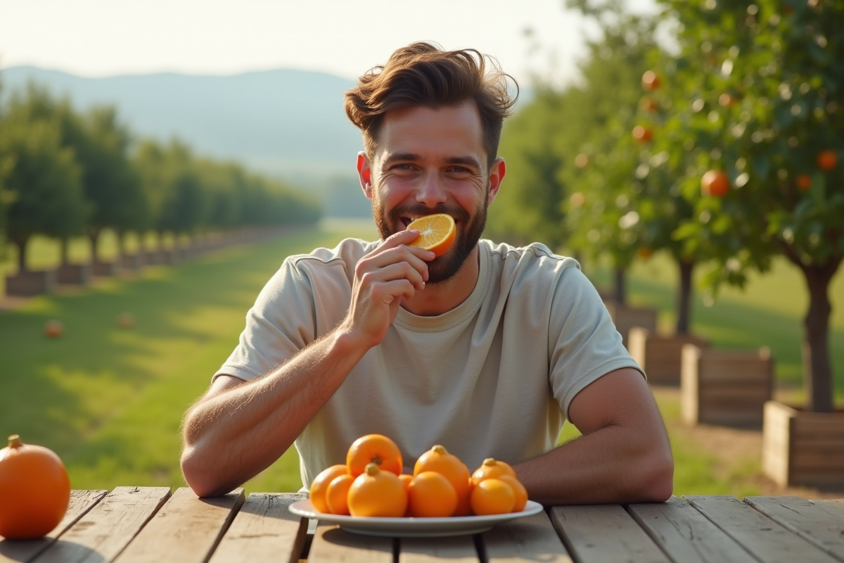 Jeune homme mangeant une orange dans un verger en plein air