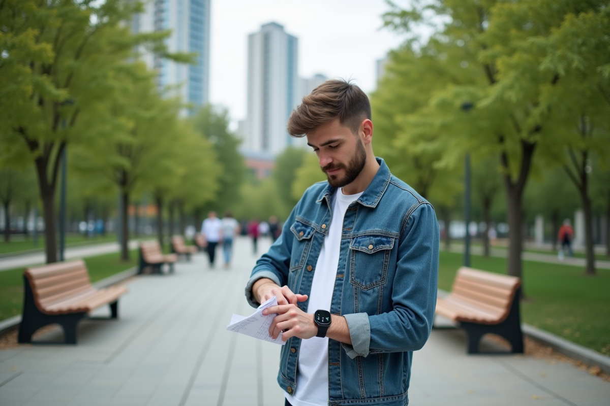 Jeune homme vérifiant son planning dans un parc urbain