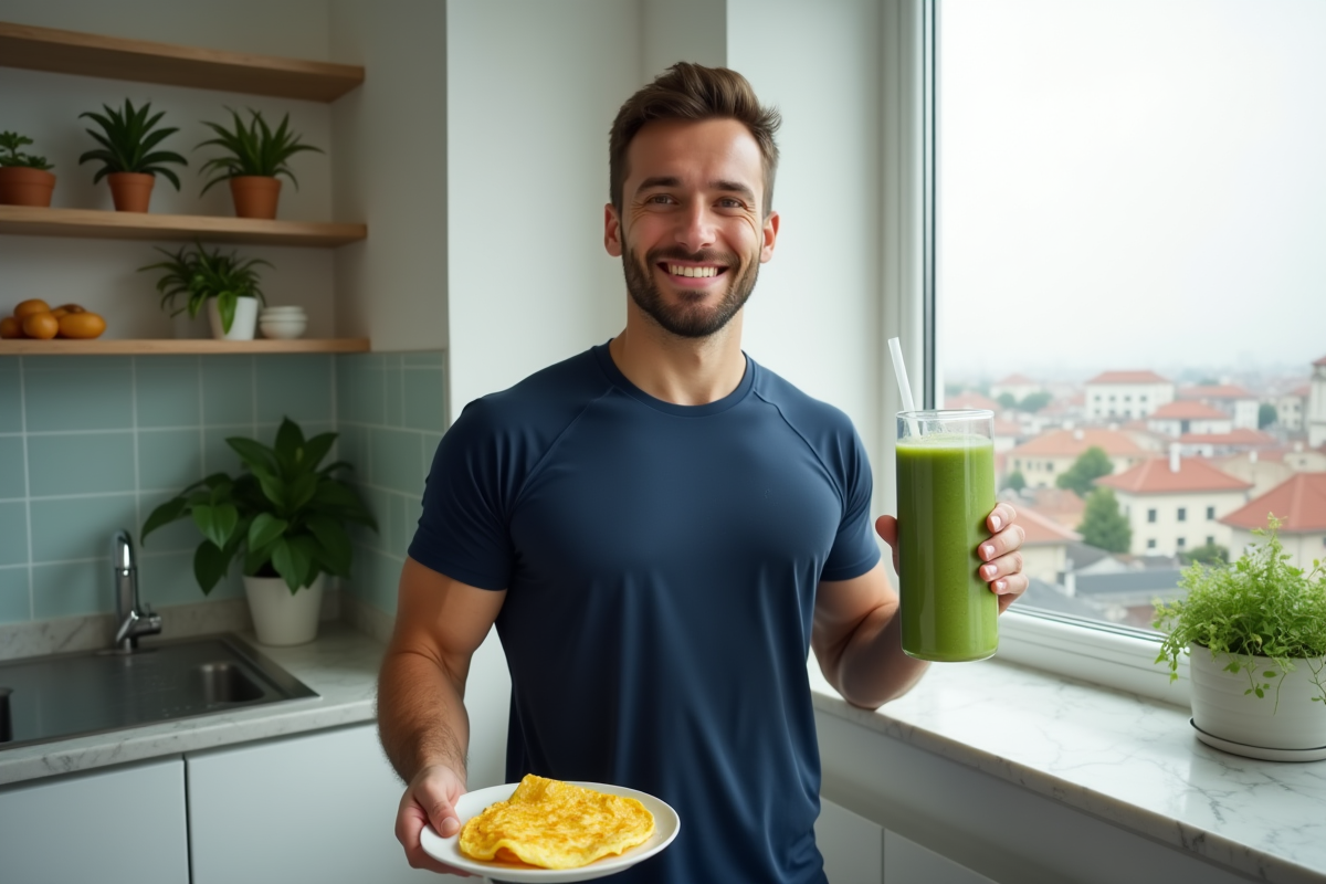 Jeune homme tenant un smoothie vert et une omelette dans un appartement lumineux