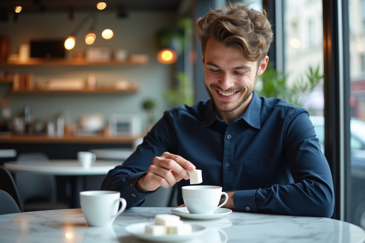 Jeune homme remuant un sucre dans son thé au café