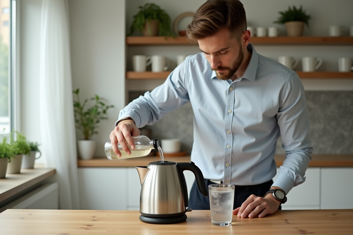 Jeune homme versant du vinaigre dans une bouilloire