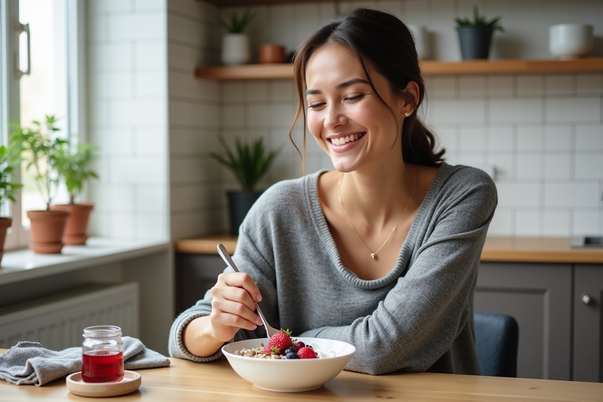 Femme souriante dégustant un yogourt aux fruits dans une cuisine scandinave