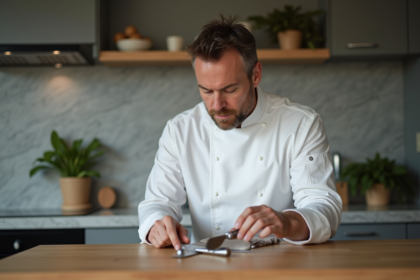 Chef examinant deux couteaux de cuisine modernes