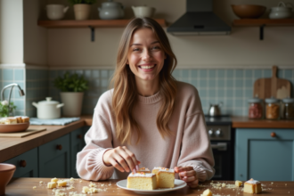 Jeune femme souriante avec gâteau dans cuisine chaleureuse