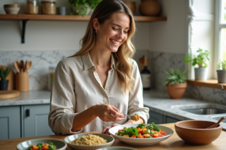 Jeune femme préparant un repas vegan coloré à la maison