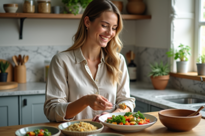 Jeune femme préparant un repas vegan coloré à la maison