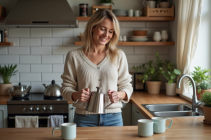 Femme versée du vinaigre dans une bouilloire en cuisine