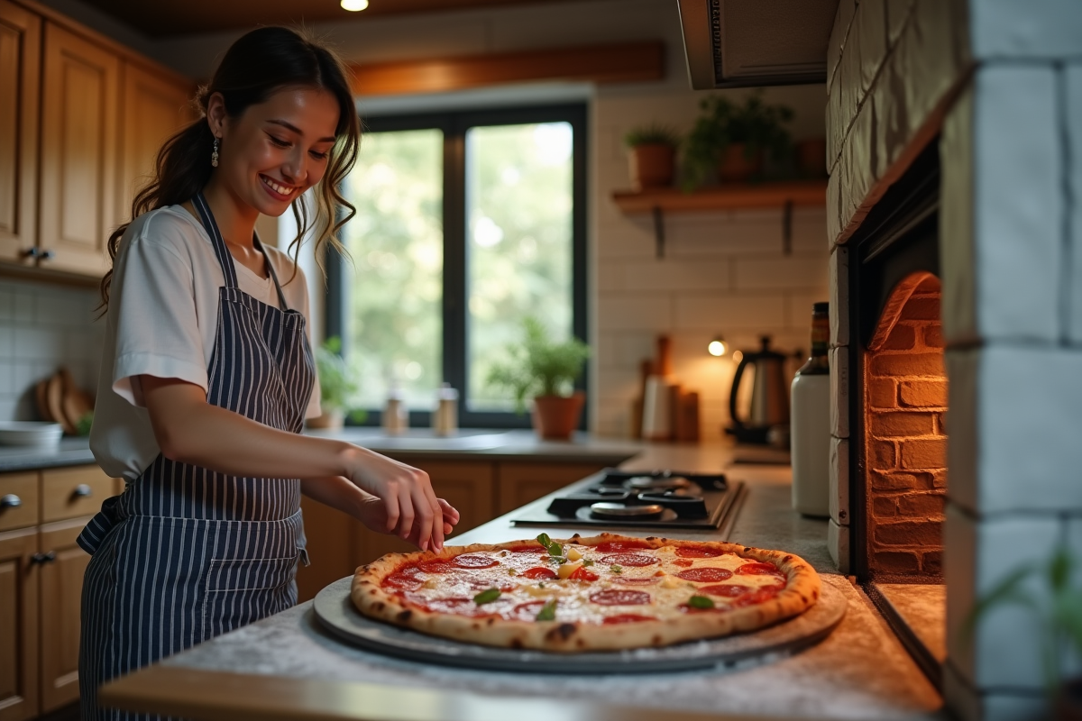 Jeune femme glissant la pizza dans le four à bois