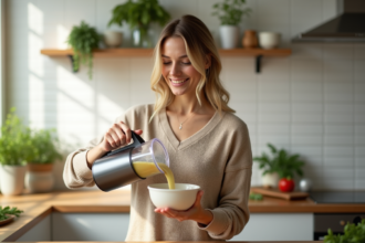 Femme verser une soupe dans un bol dans une cuisine lumineuse