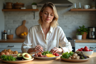 Femme en cuisine préparant des aliments sains et frais