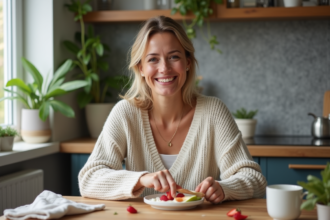 Femme souriante préparant un snack sain avec yaourt et fruits