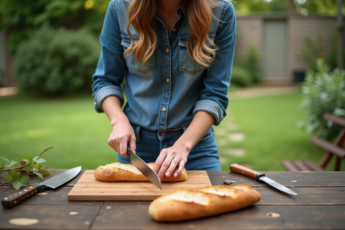 Jeune femme tranchant une baguette dans un jardin