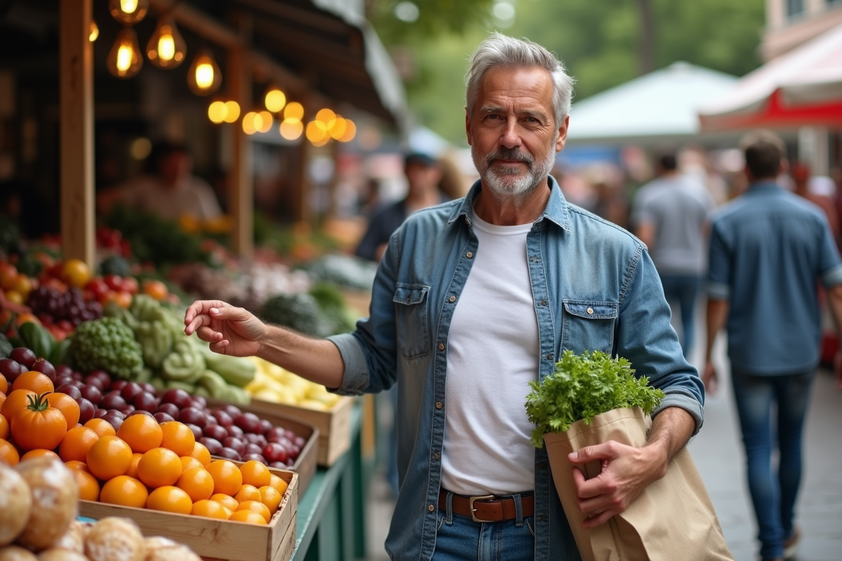 Homme au marché avec panier de produits frais et pâtisseries