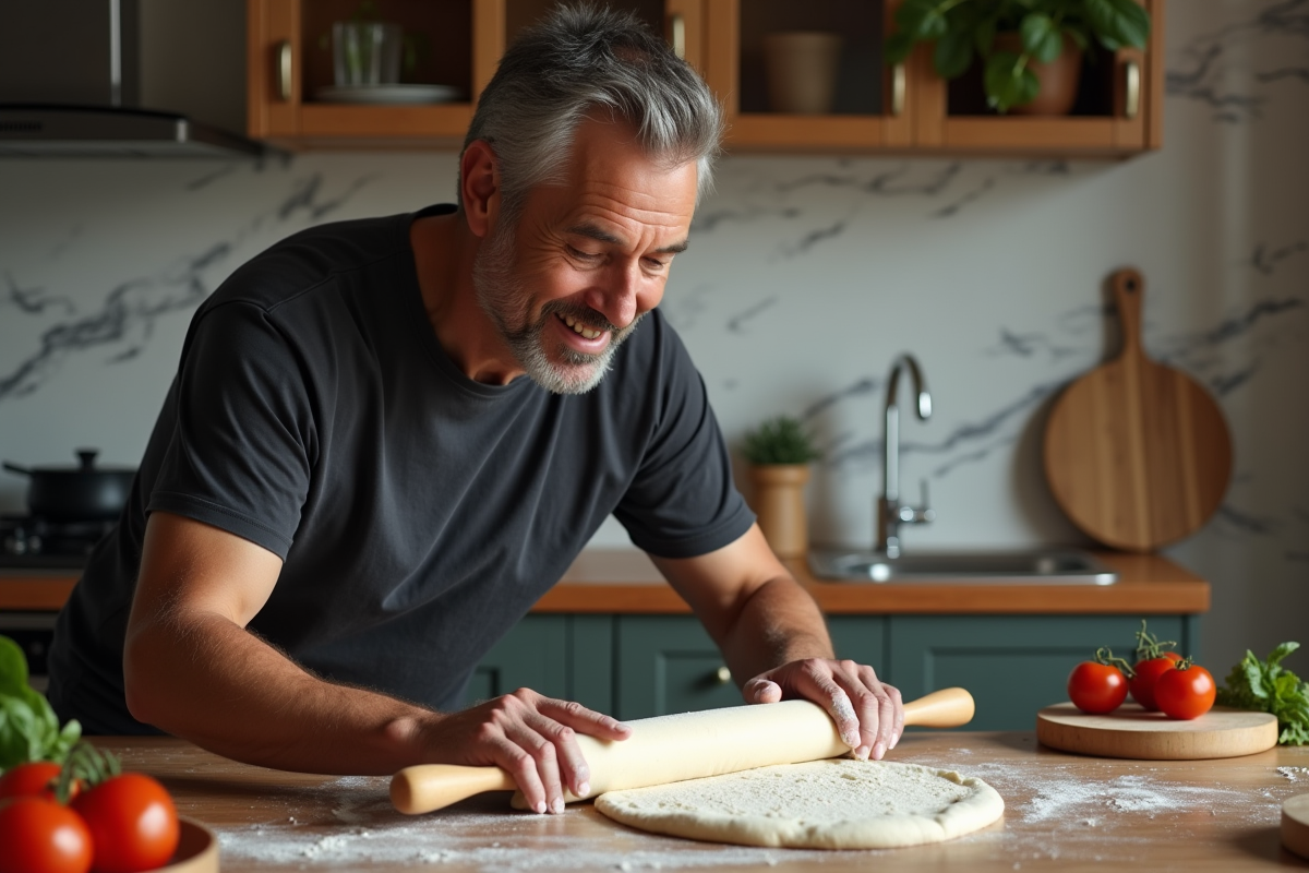 Homme d'âge moyen étalant la pâte à pizza dans la cuisine