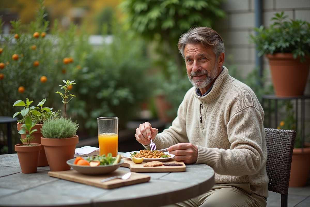 Homme dégustant un déjeuner vegan en extérieur dans un jardin