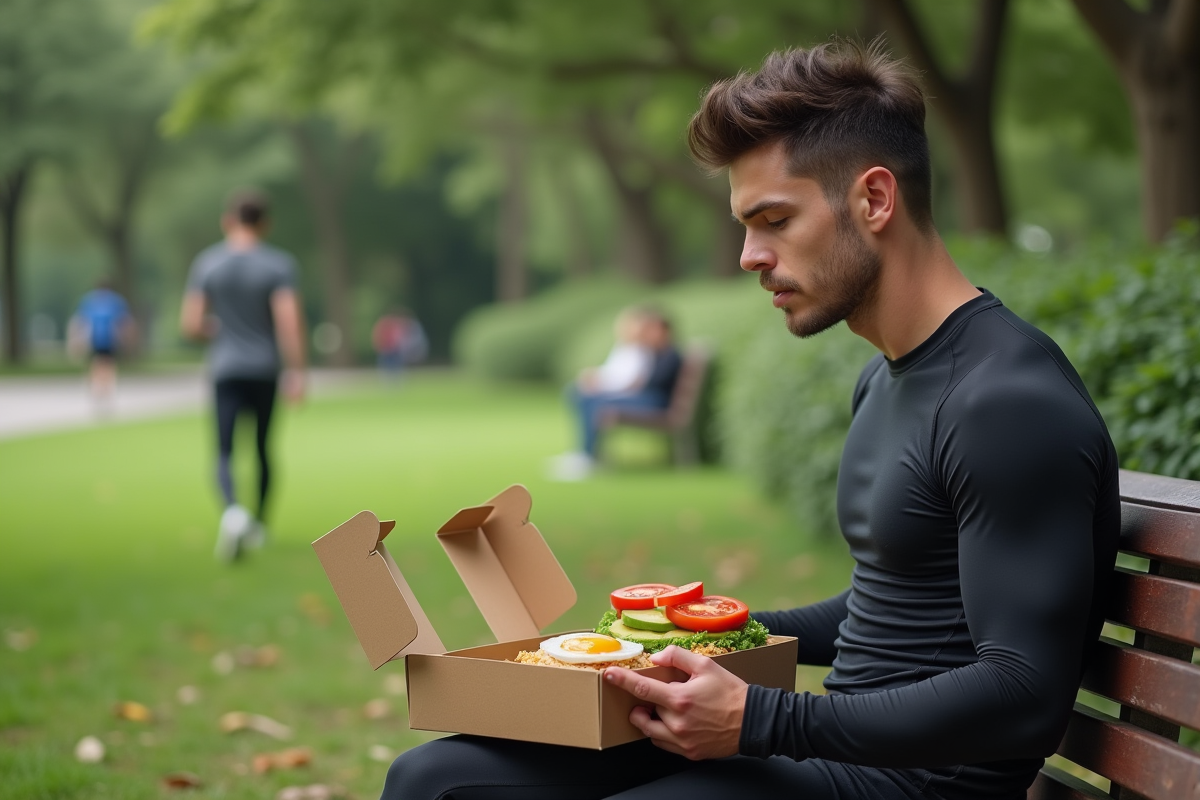 Jeune homme mangeant une galette de riz dans un parc urbain