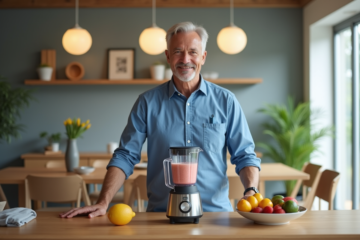 Homme montre comment utiliser un blender sur une table en bois