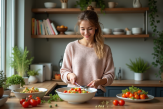 Jeune femme préparant un bol de quinoa aux légumes colorés
