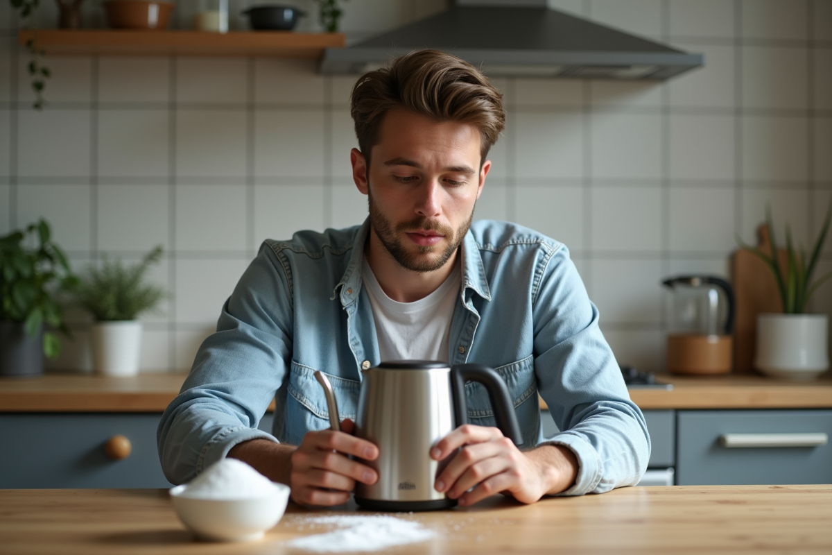 Jeune homme examine une bouilloire et bicarbonate en cuisine