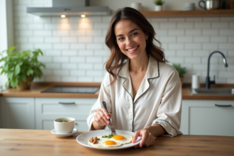 Femme souriante préparant un petit déjeuner dans une cuisine moderne