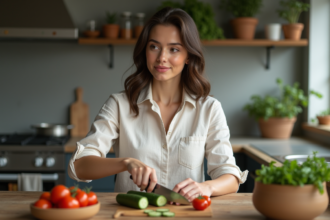 Jeune femme en blouse de lin coupe fraîcheur salade