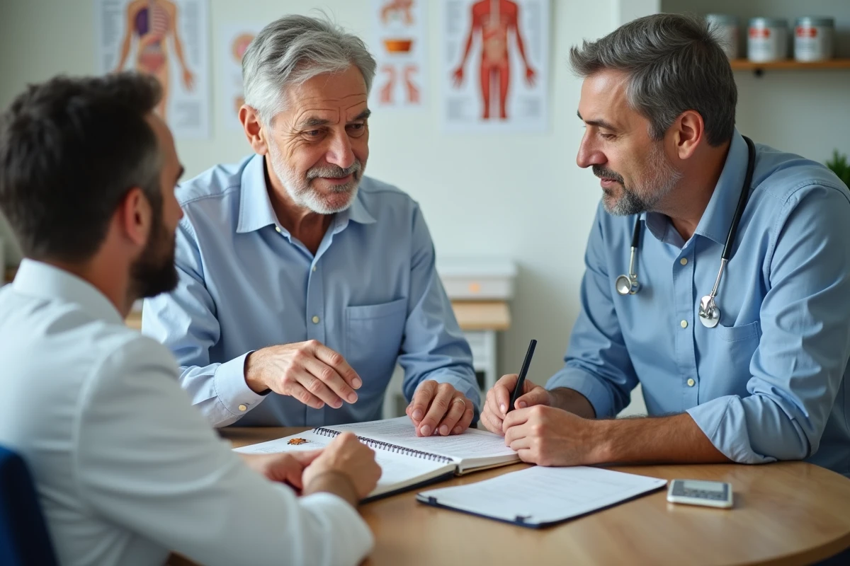 Senior homme et medecin discutant des aliments fermentes