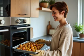Femme sortant un plateau de pommes de terre dorées de son four