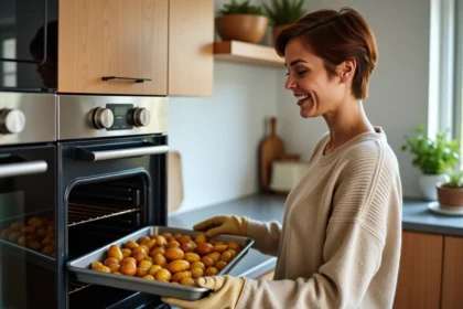 Femme sortant un plateau de pommes de terre dorées de son four