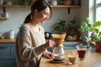 Femme versant du cafe dans une cuisine lumineuse
