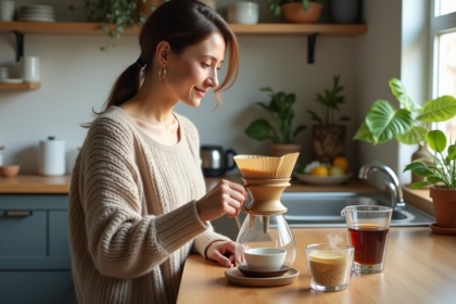 Femme versant du cafe dans une cuisine lumineuse