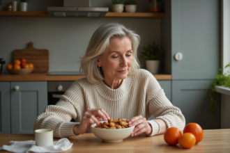 Femme assise à la cuisine choisissant des noix et fruits secs