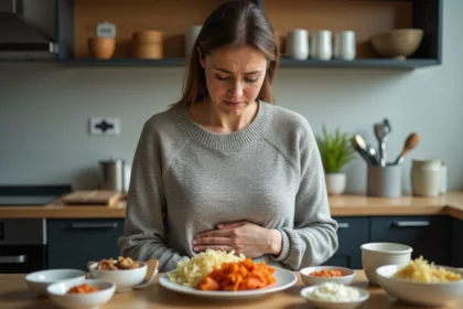 Femme avec aliments fermentes et malaise digestif