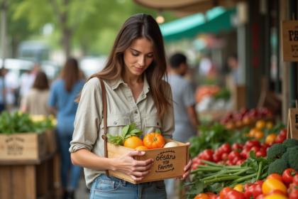 Jeune femme examinant un panier de fruits bio au marché