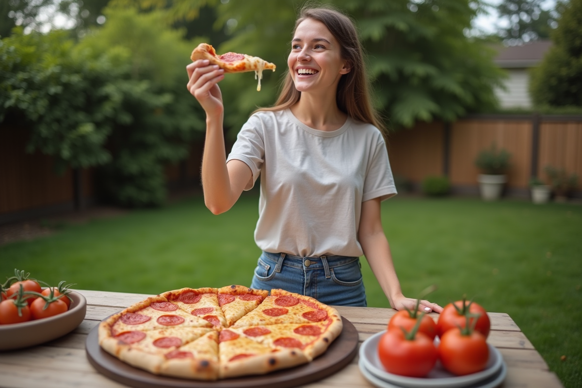 Jeune femme admire une tranche de pizza dans le jardin