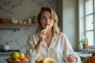Jeune femme en pyjama mangeant une banane au matin