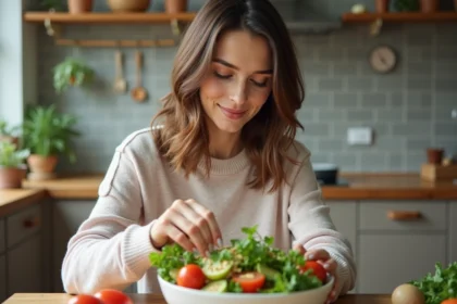 Jeune femme préparant une salade dans une cuisine moderne