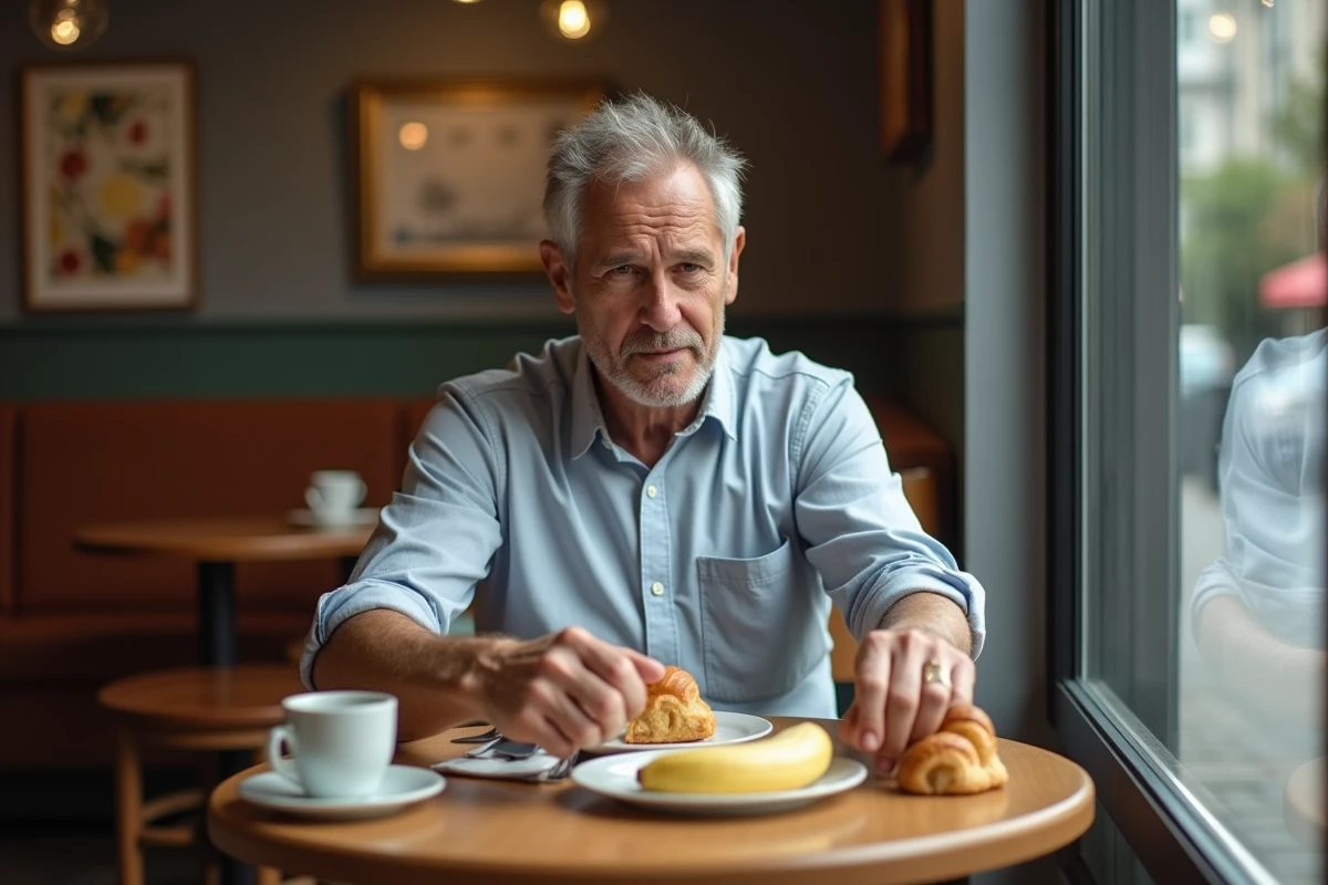 Homme d age moyen regardant une banane sur son petit déjeuner