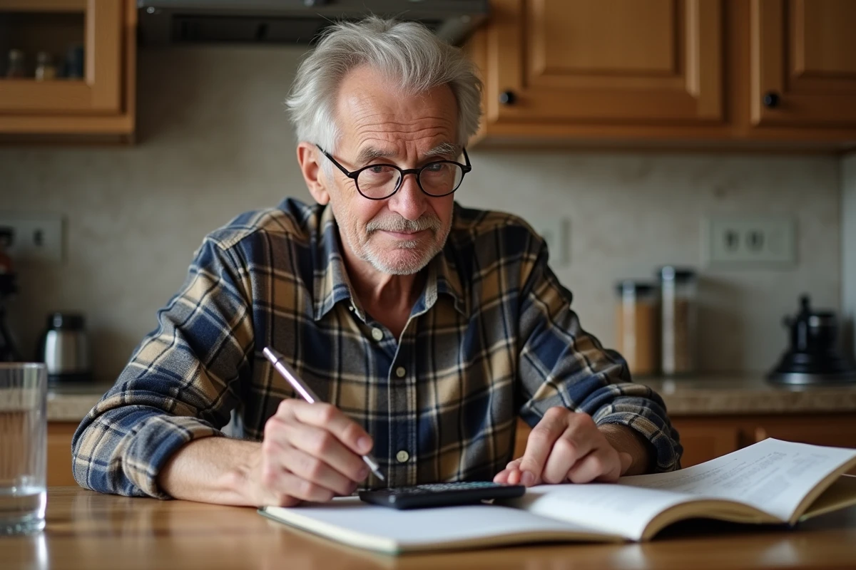 Homme âgé convertit grammes en litres dans la cuisine