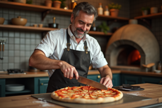 Homme en tablier coupe une pizza croustillante dans la cuisine