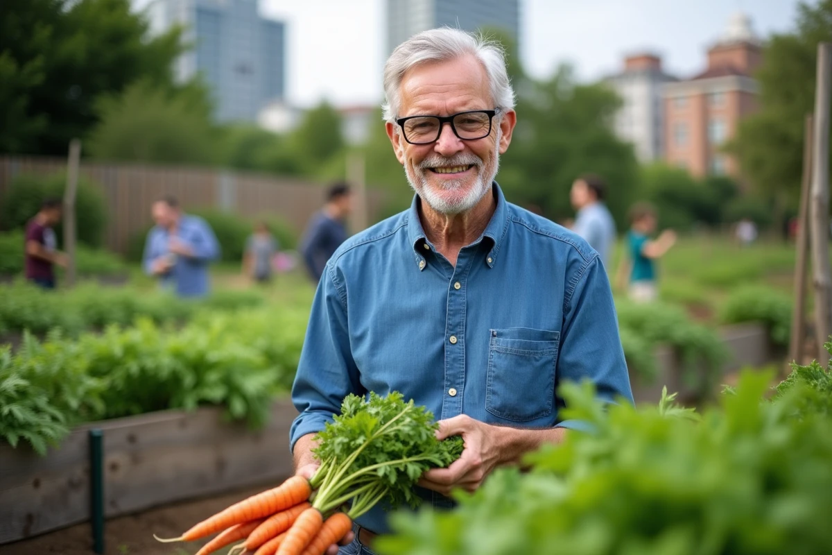 Homme récoltant des légumes dans un jardin communautaire