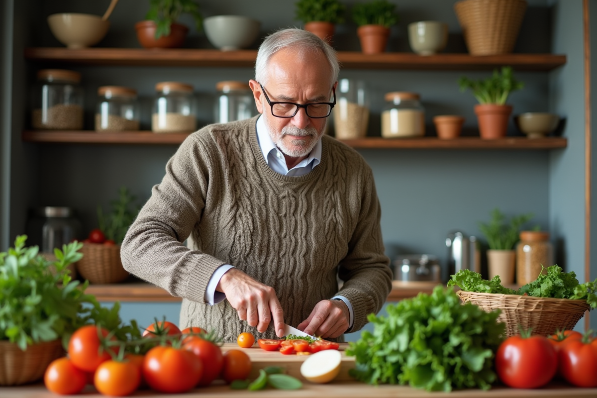 Homme âgé préparant une salade de légumes bio en cuisine