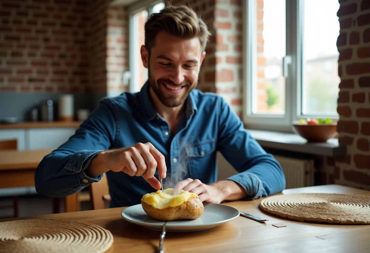 Jeune homme dégustant une pomme de terre chaude à la maison